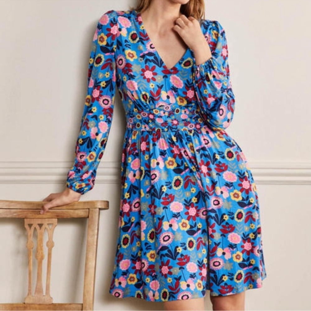 Boden 10 Long Jersey Mini Tea Dress Moroccan Blue Flora Bloom